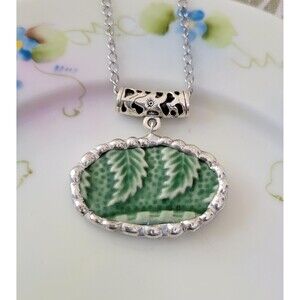 Bordallo Pinheiro Necklace, Broken China Jewelry, Green Leaf Pendant